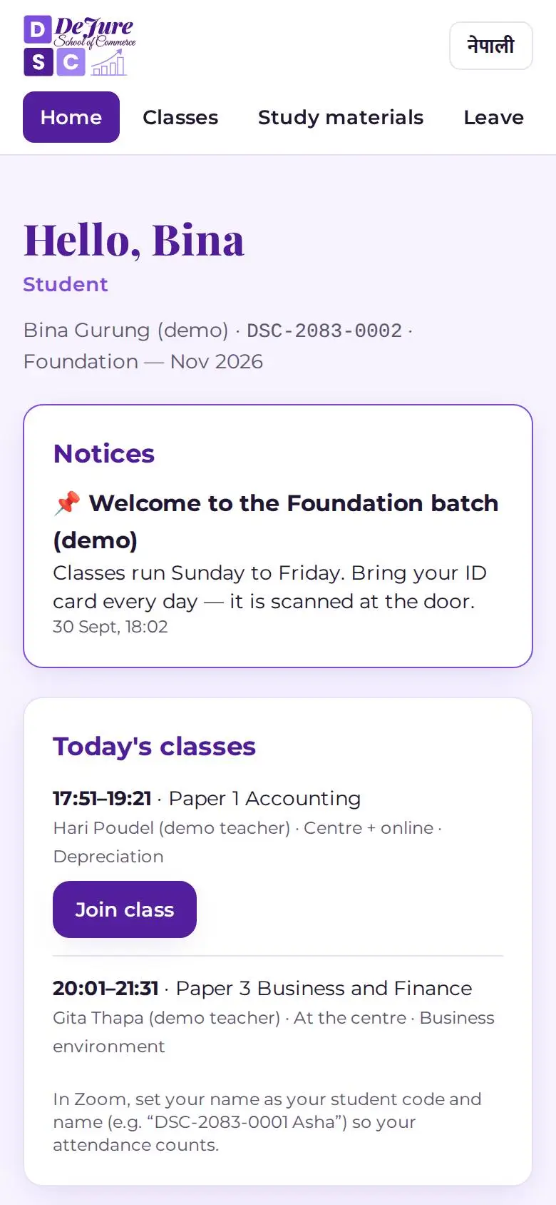 The DSC student portal home screen on a phone, showing notices and today's classes with a Join button
