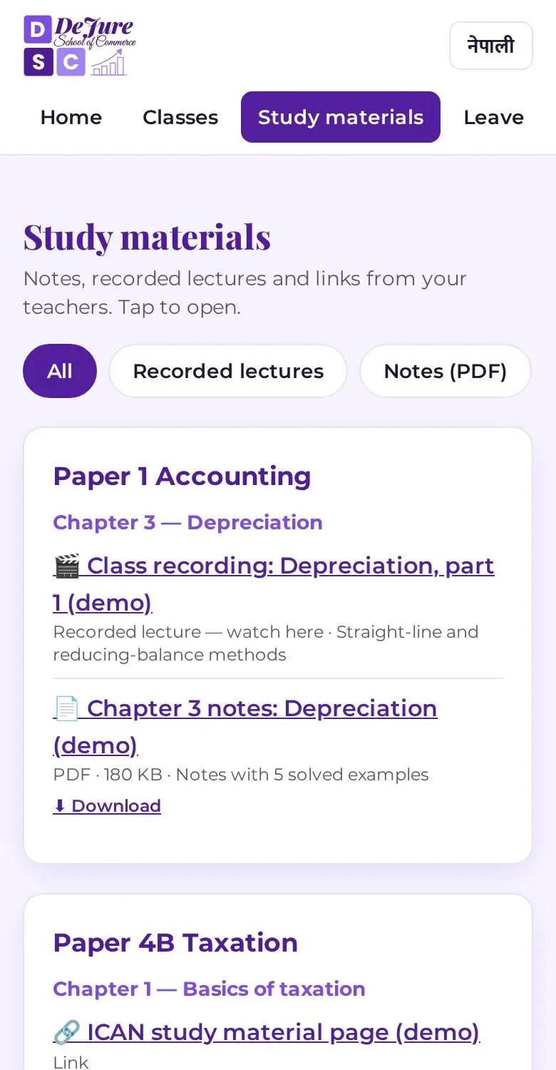 Study materials in the portal: recorded lectures and PDF notes grouped by paper and chapter